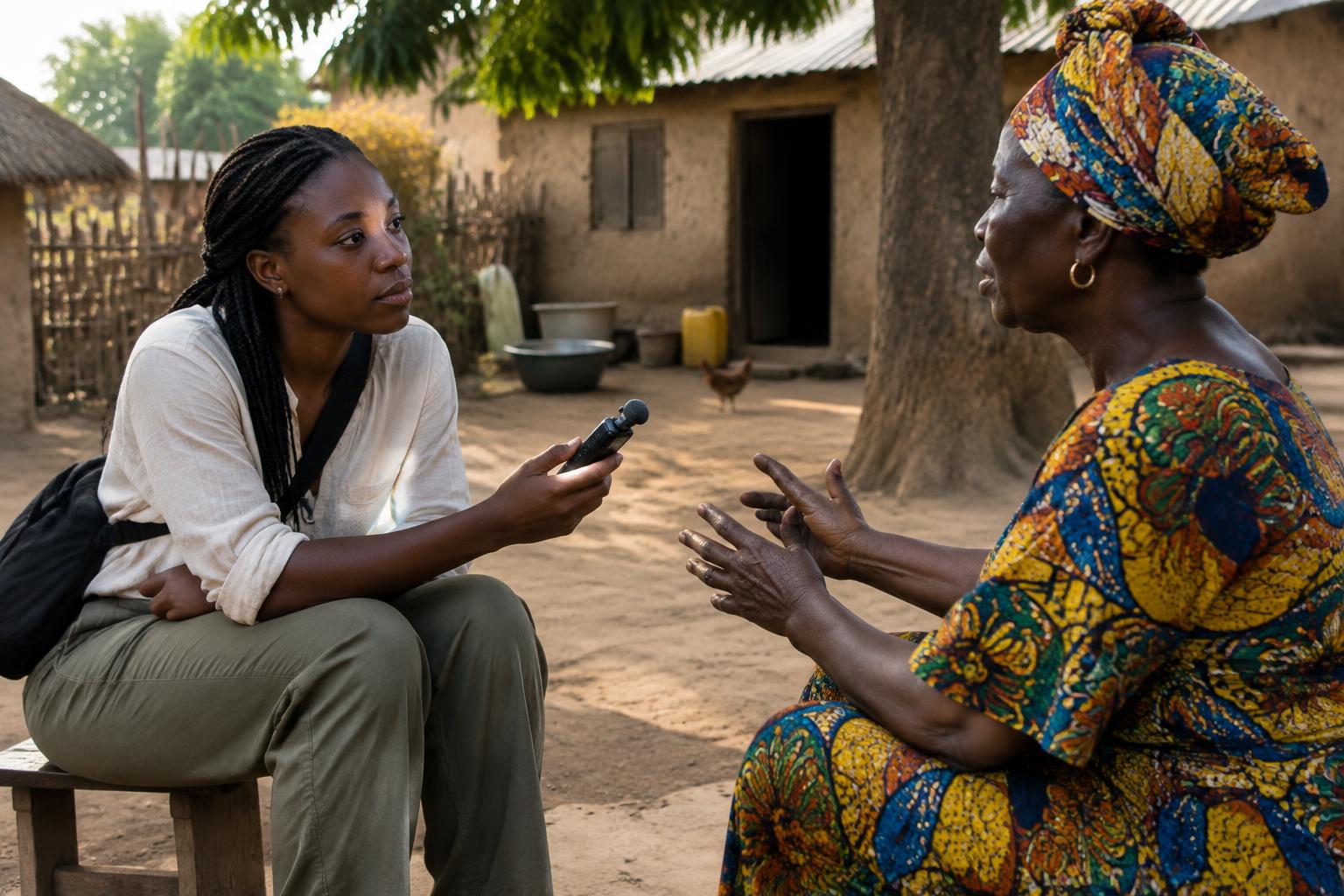 A young woman recording an elder's story in a village compound