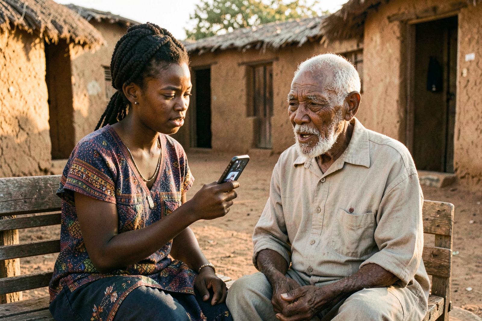A girl recording her grandfather telling a story