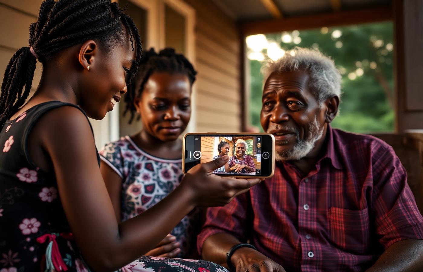 A girl recording her grandfather telling a story